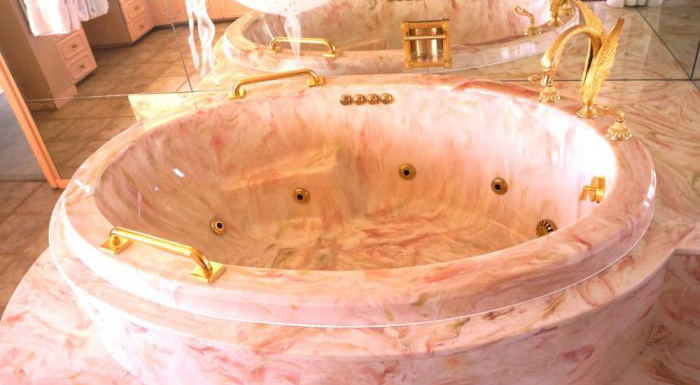Pink Marble Bathtub, Gold Bath Fixtures, Gaughan Suite