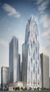 A modern skyscraper with a unique diamond-patterned facade, surrounded by other tall buildings and greenery.