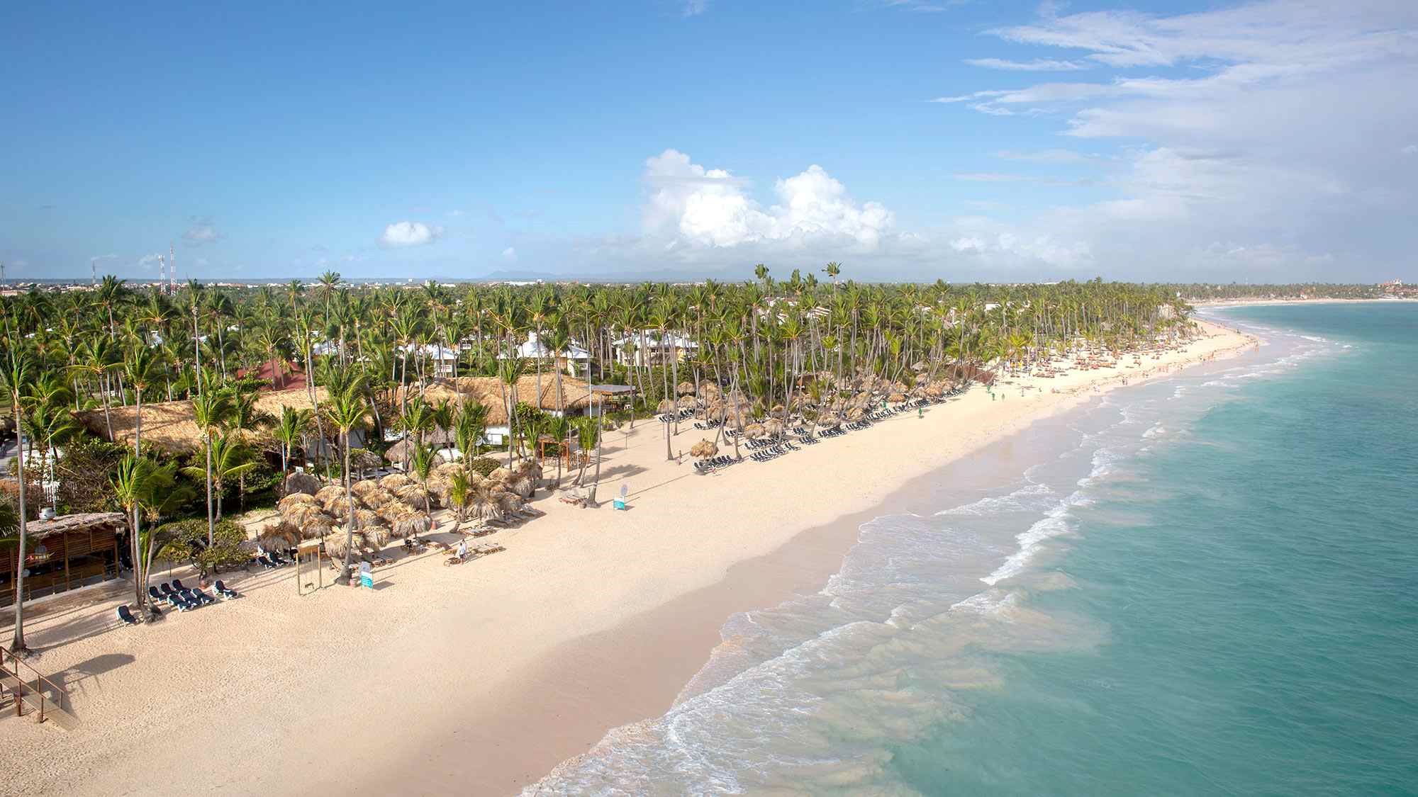 Aerial view of Grand Palladium Bavaro Suites Resort and Spa, showcasing palm trees and a sandy beach along the turquoise ocean.