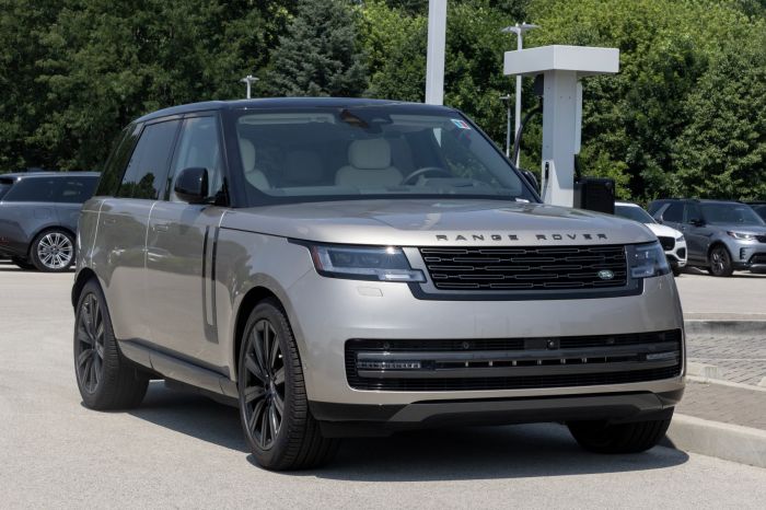 A luxury Range Rover parked at a dealership, showcasing its sleek design and modern features.