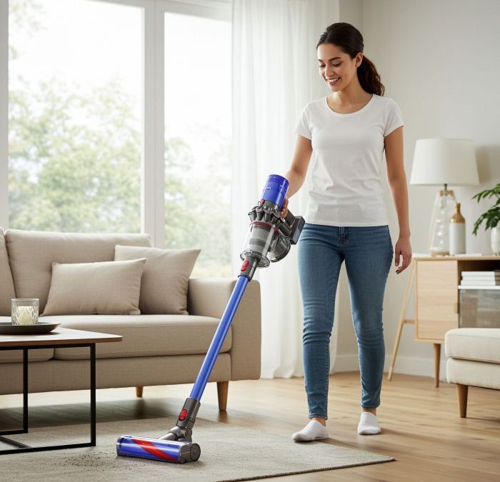 A woman uses a cordless vacuum cleaner while standing in a bright, modern living room.