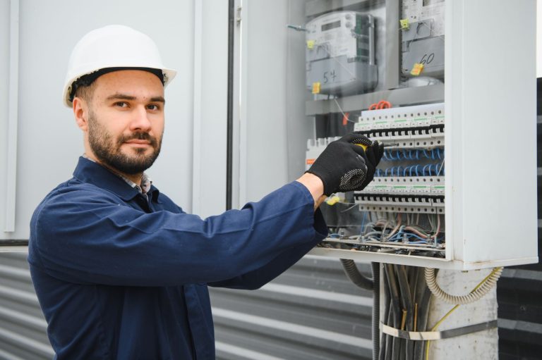 Electrician working on a control panel, wearing a hard hat and gloves, inspecting electrical connections and components.