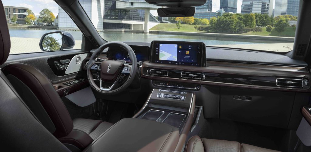 Luxurious interior of the 2026 Lincoln Aviator, featuring a modern dashboard, touchscreen display, and premium seating.