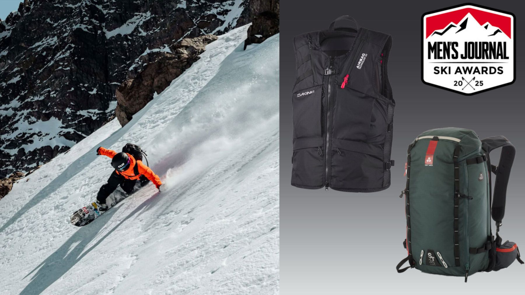 Snowboarder in an orange jacket carving down a snowy slope, alongside ski gear including a vest and backpack.