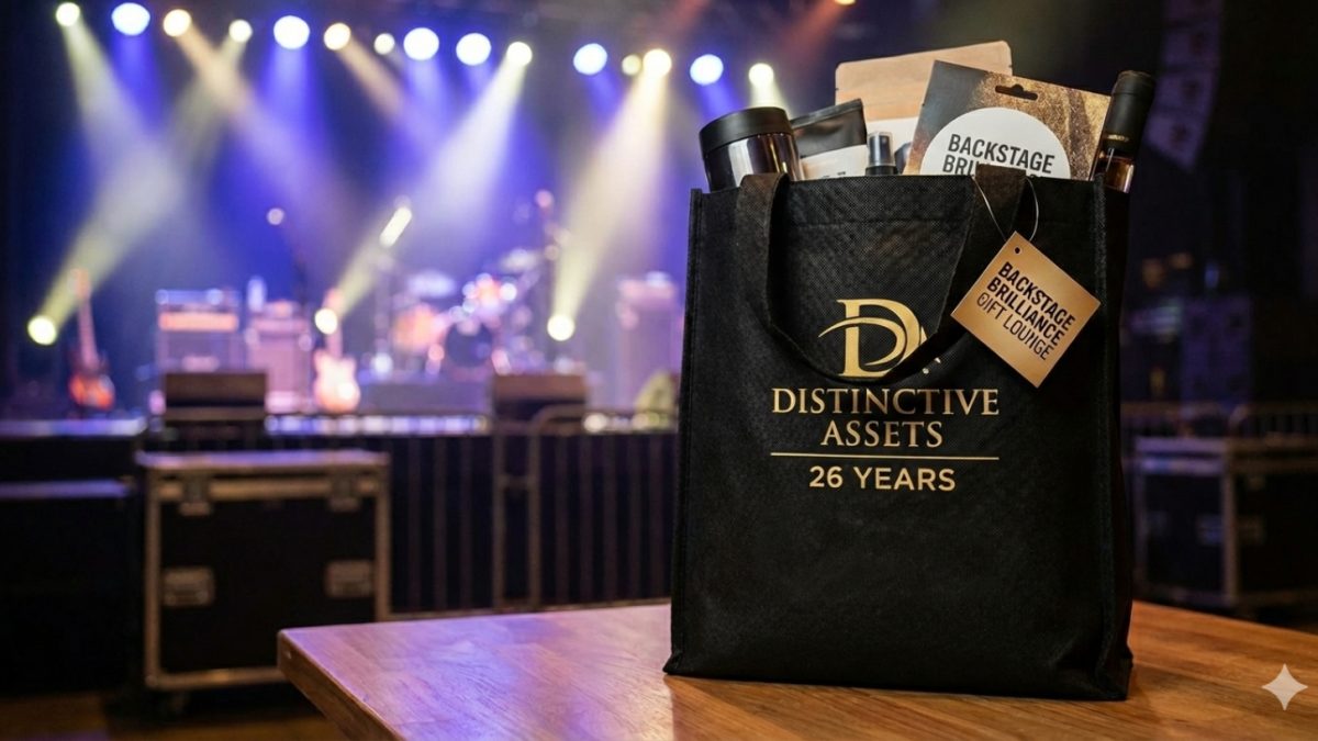 Distinctive Assets gift bag celebrating 26 years, displayed against a vibrant concert stage backdrop.