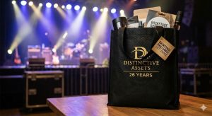 Distinctive Assets gift bag celebrating 26 years, displayed against a vibrant concert stage backdrop.