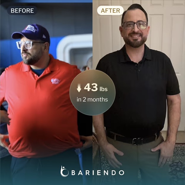 Side-by-side transformation showing a person before and after losing 43 pounds in 2 months, highlighting their wellness journey.