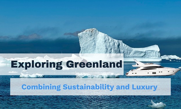 Superyacht navigating icy waters near a massive iceberg in Greenland, showcasing luxury travel in a sustainable environment.