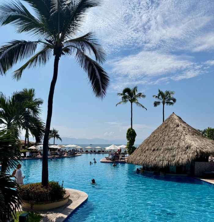 Tropical resort pool surrounded by palm trees and thatched roof cabanas, with sunbathers enjoying the water and scenic views.