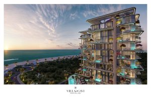 Villa del GAVI offers luxury residences in Dubai, showcasing modern architecture and beachfront views at sunset.