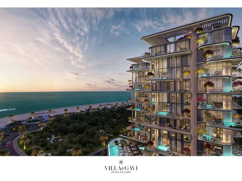 Villa del GAVI offers luxury residences in Dubai, showcasing modern architecture and beachfront views at sunset.
