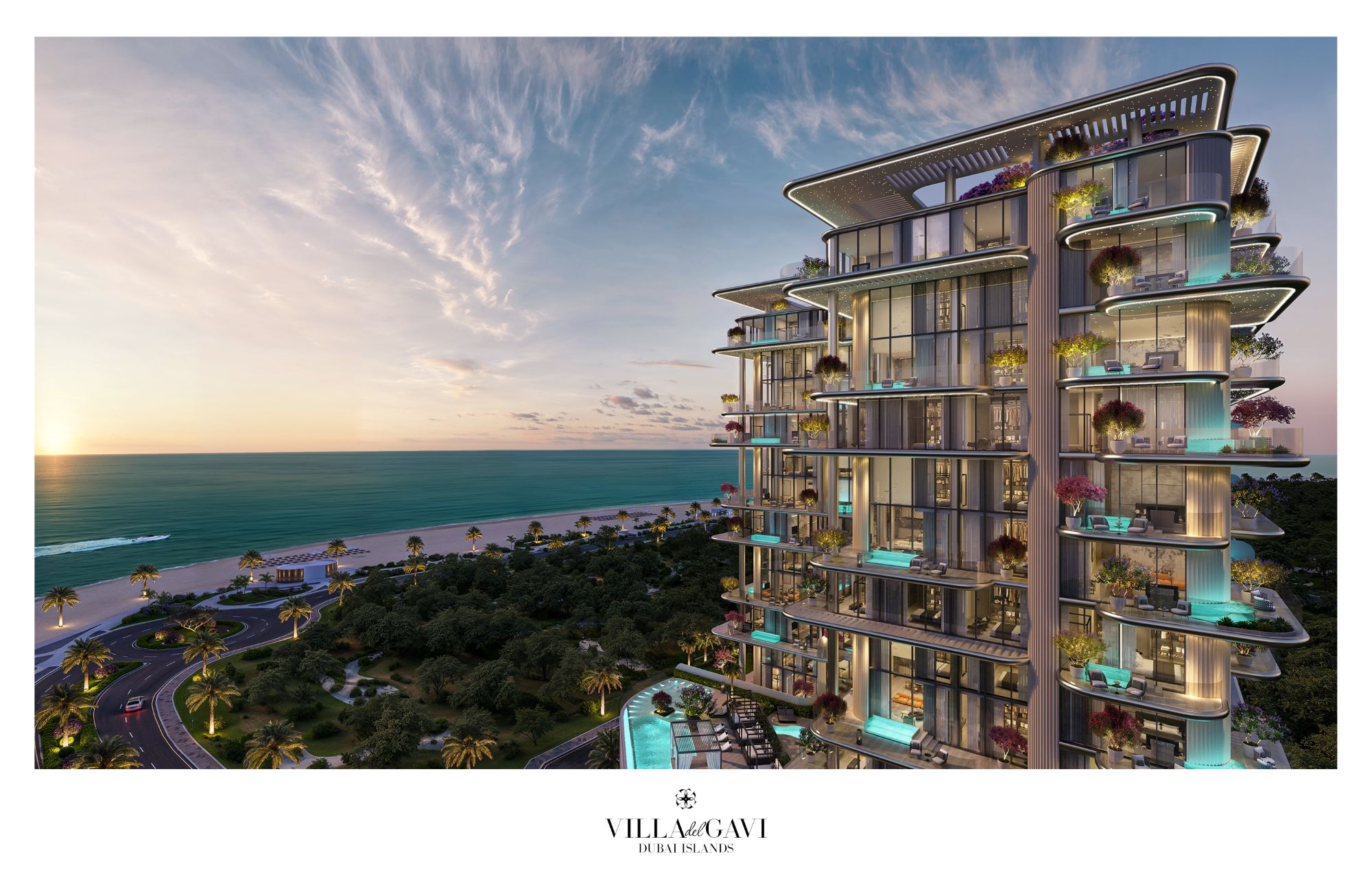 Villa del GAVI offers luxury residences in Dubai, showcasing modern architecture and beachfront views at sunset.
