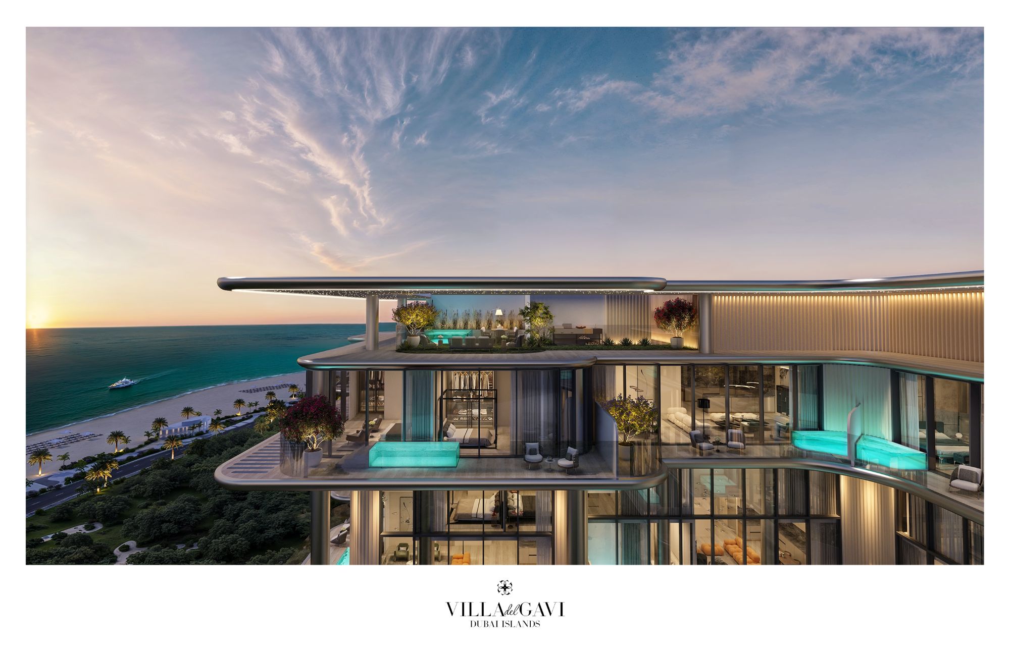 Luxury branded residences of Villa del GAVI with sleek design, ocean views, and lush outdoor spaces at sunset in Dubai.