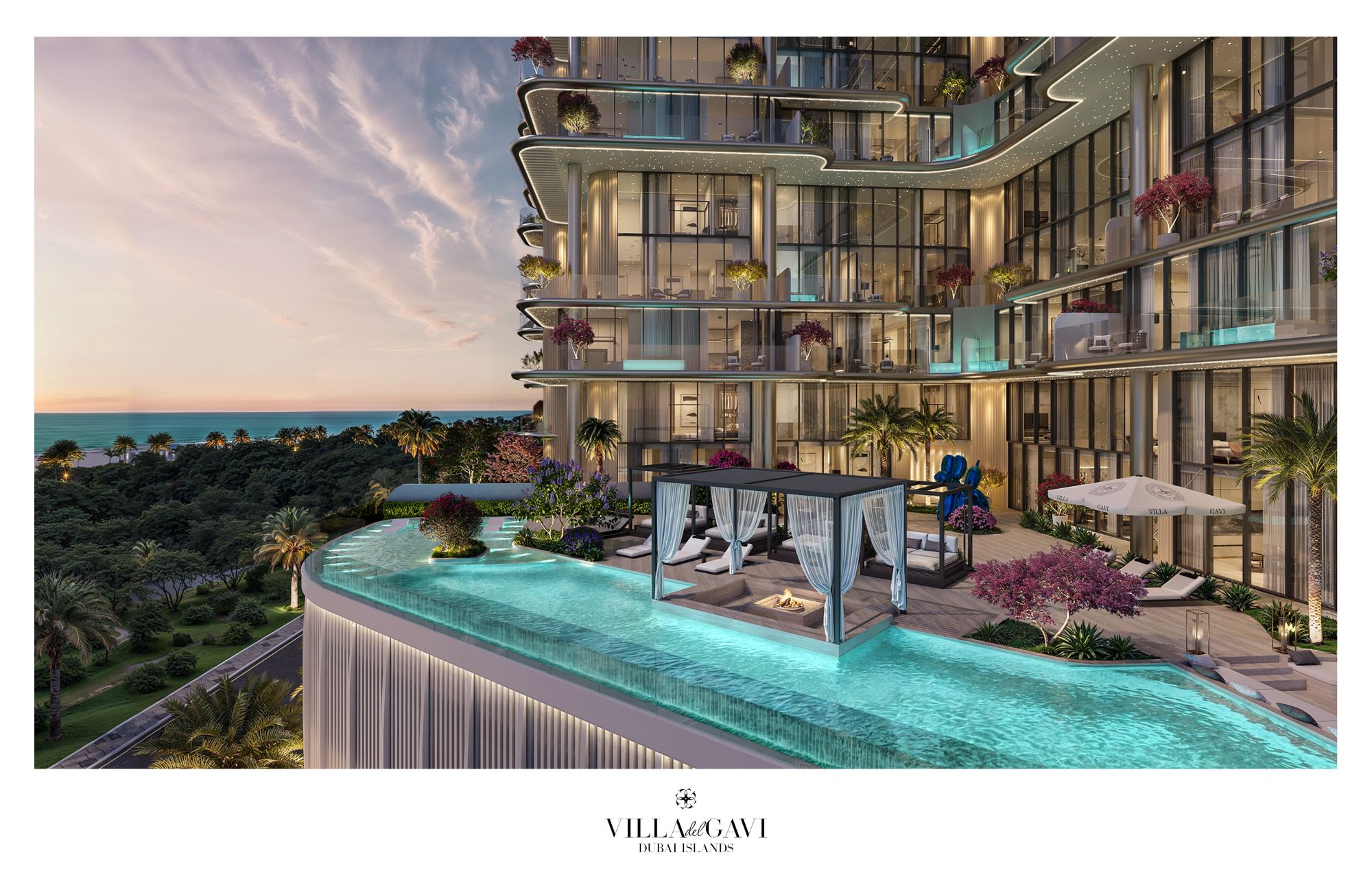 Luxury residences at Villa del GAVI feature an infinity pool and scenic views of the Dubai coastline.
