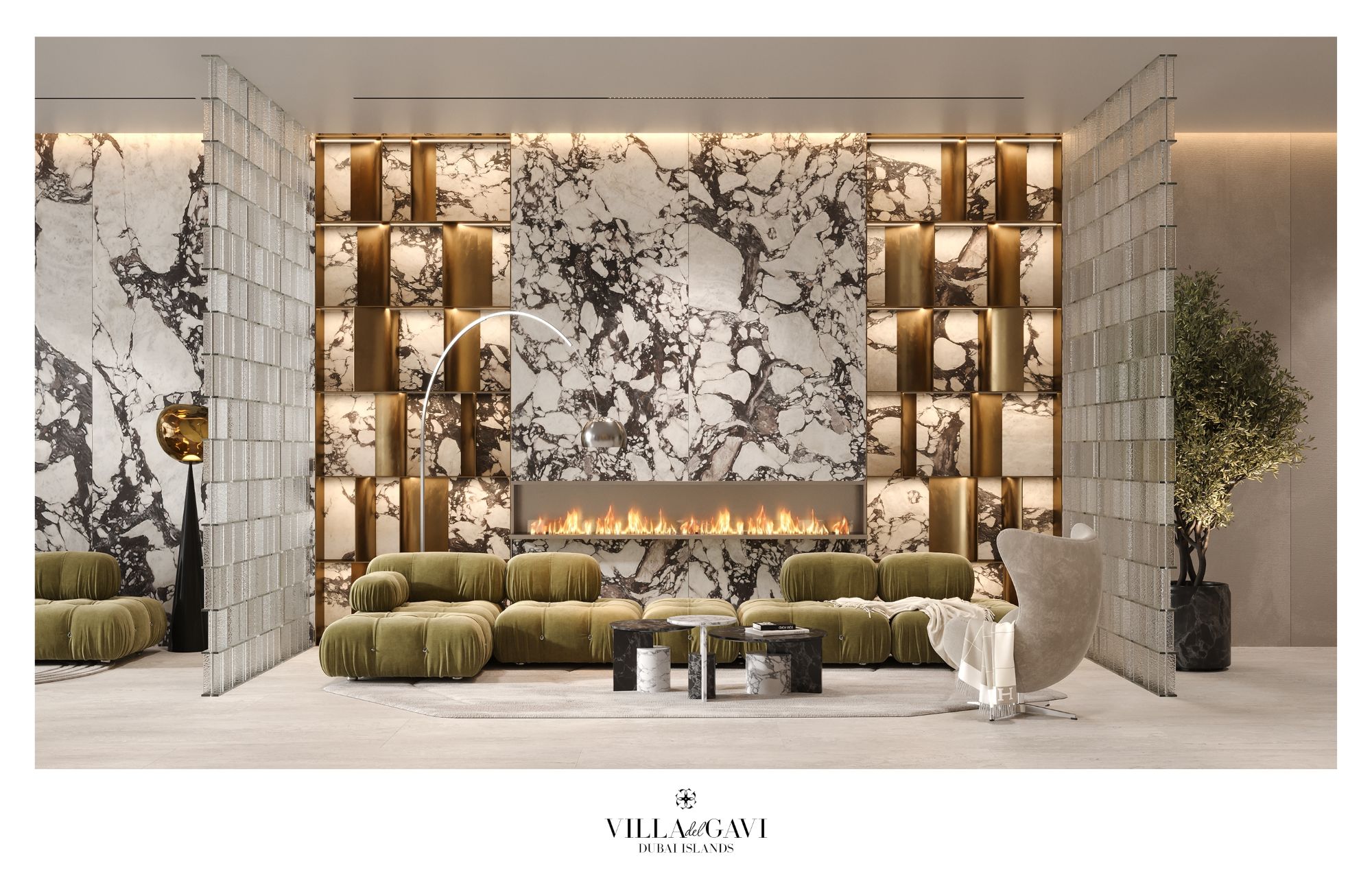 Luxurious interior of Villa del GAVI showcasing elegant seating, a modern fireplace, and stylish decor in Dubai's finest residences.