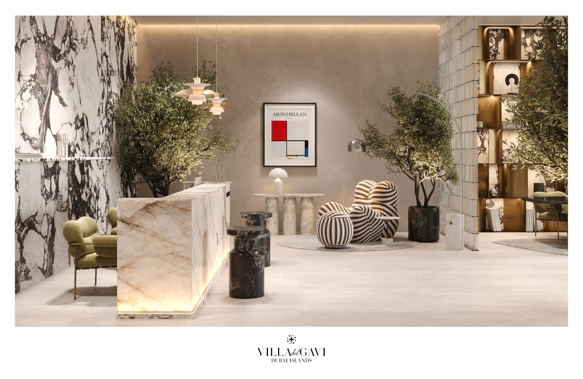 Luxurious interior of Villa del GAVI featuring marble accents, modern furniture, and greenery in a stylish setting.