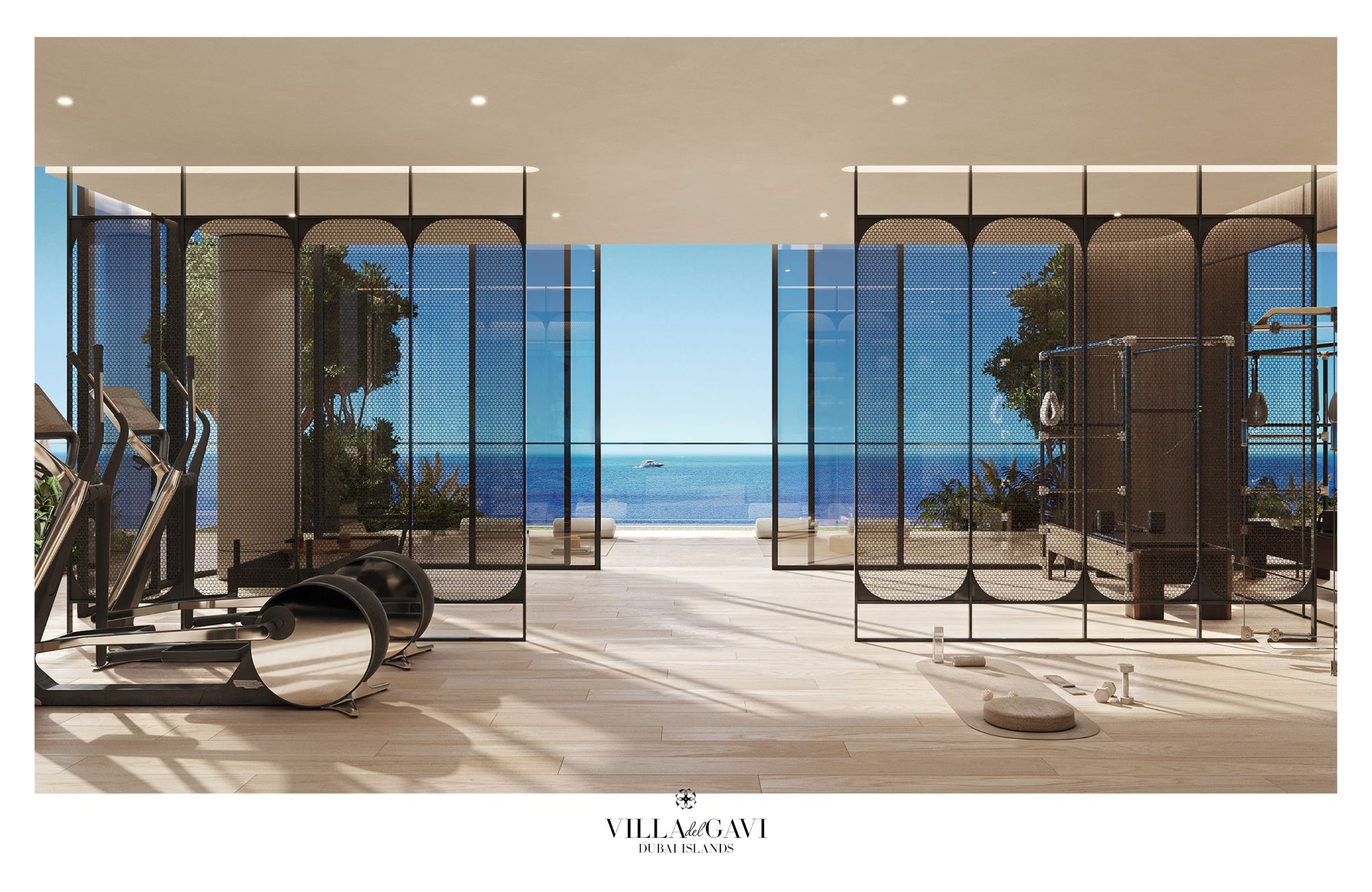 Luxury gym area with panoramic ocean views at Villa del GAVI in Dubai, showcasing modern fitness equipment and elegant design.