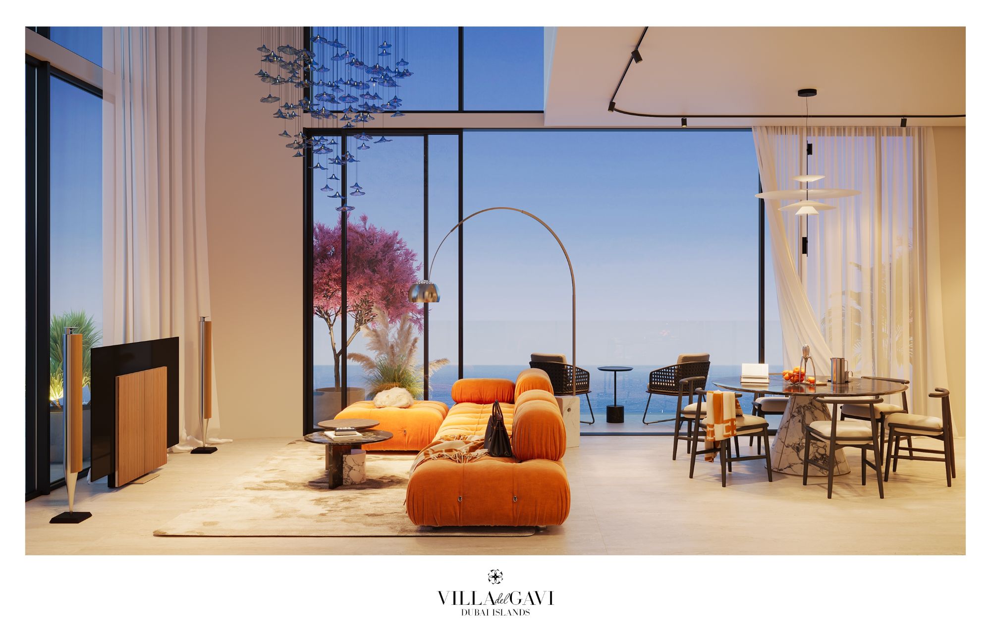 Luxurious living room interior of Villa del GAVI featuring an orange sofa, dining area, and large windows with ocean views.