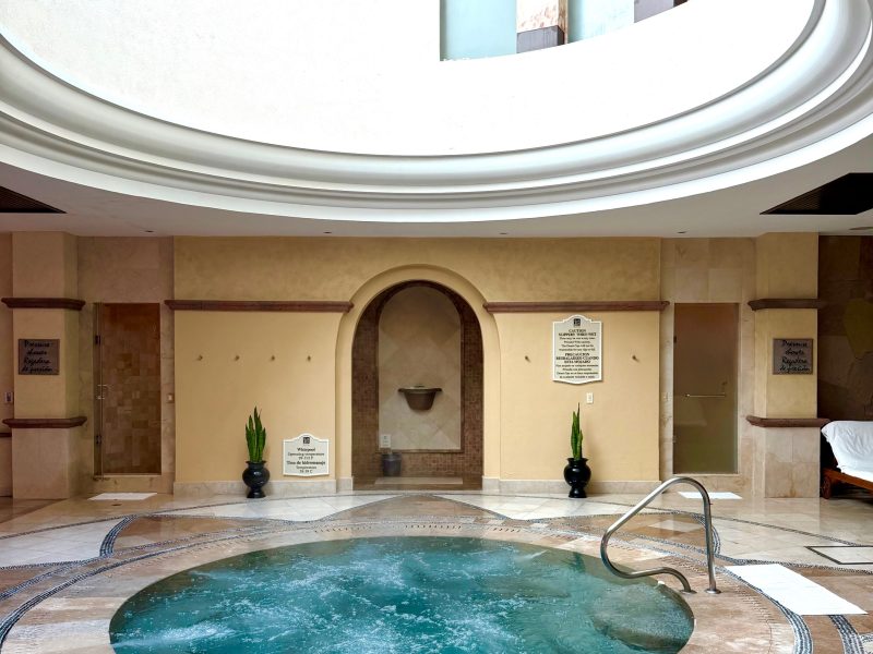 Relaxation area featuring a soothing circular hot tub beneath a skylight, surrounded by elegant stone and plant accents.