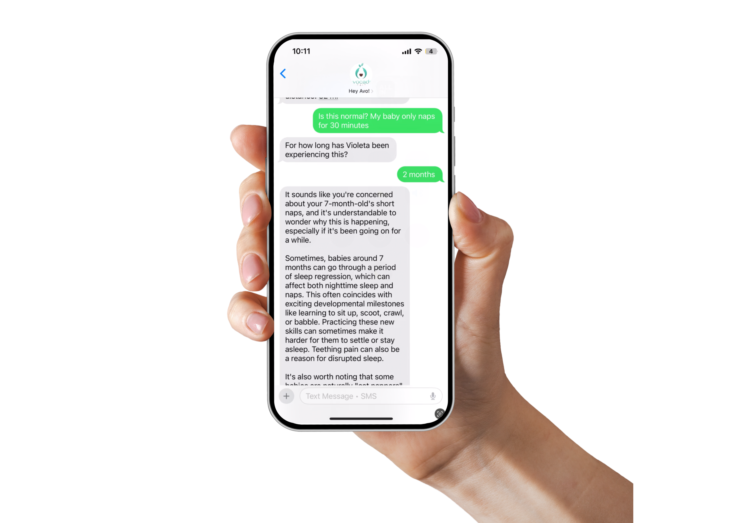 A person holding a smartphone displaying a text conversation about baby sleep concerns and parenting support.