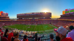 Levi's Stadium filled with fans, showcasing the vibrant atmosphere during Super Bowl LX.
