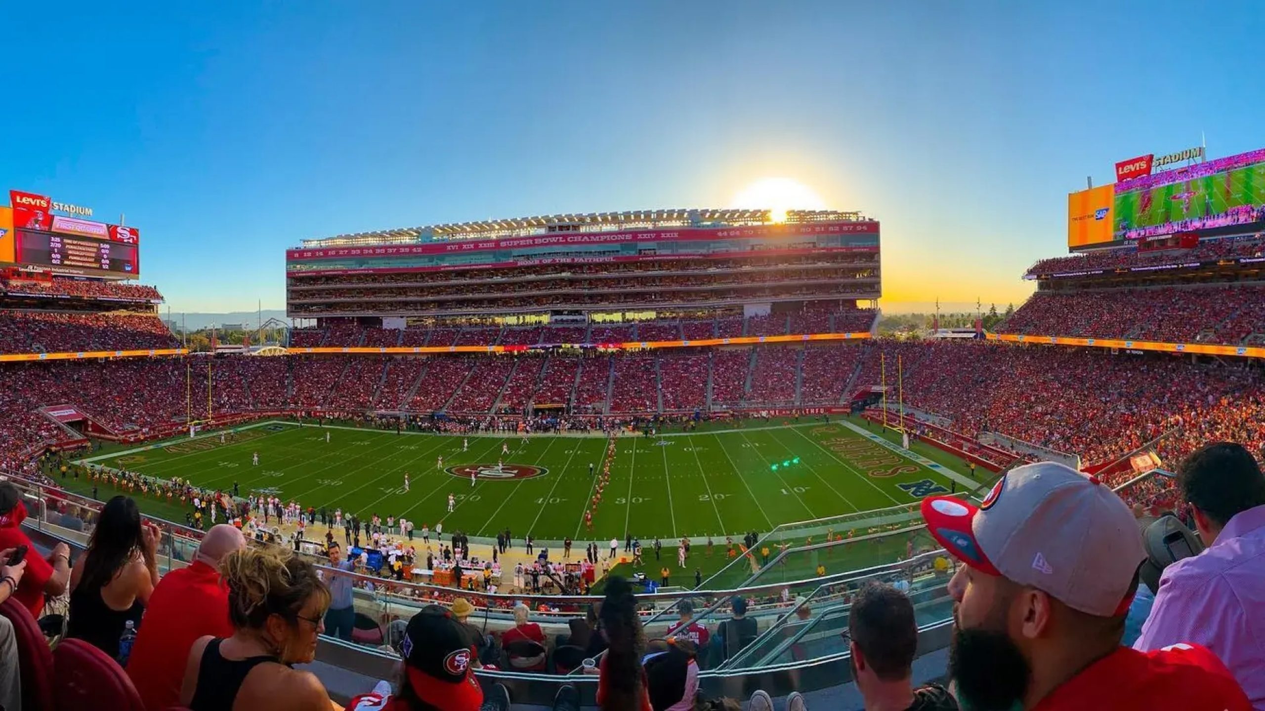 Levi's Stadium filled with fans, showcasing the vibrant atmosphere during Super Bowl LX.