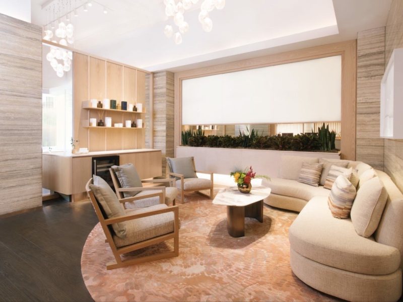 A modern, stylish lounge area featuring a curved sofa, wooden chairs, and a decorative rug, ideal for relaxation.