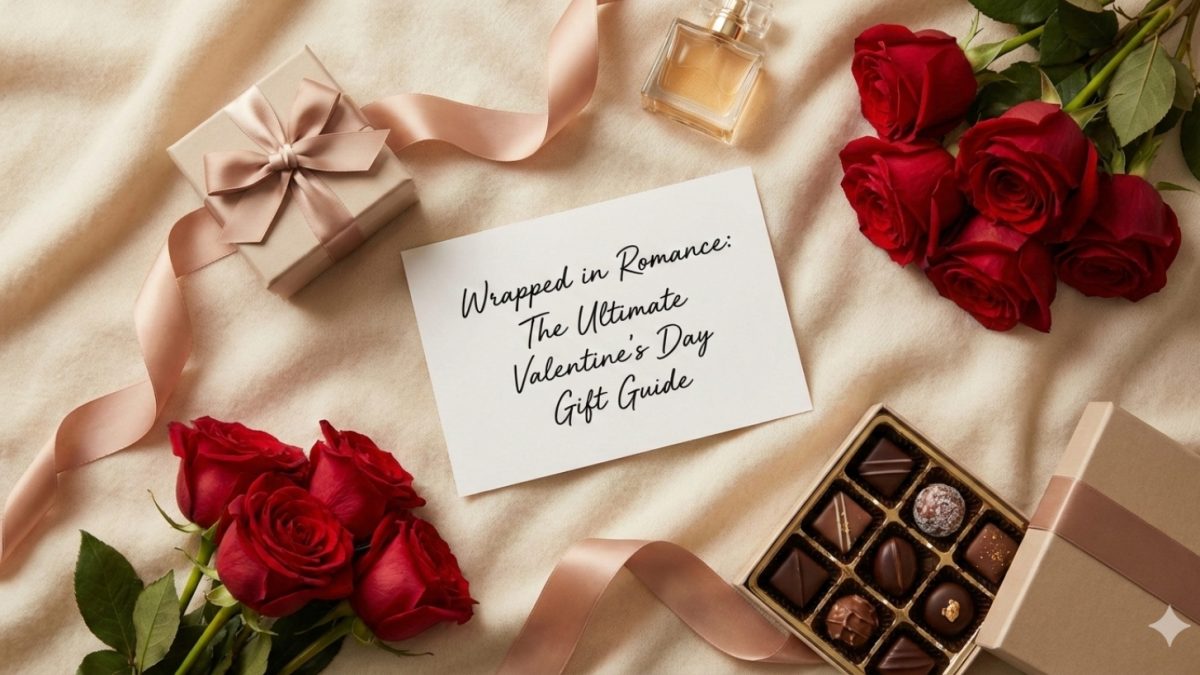 Valentine's Day gift guide featuring red roses, chocolates, a gift box, and a fragrance on a soft fabric background.