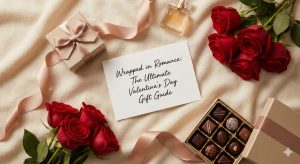 Valentine's Day gift guide featuring red roses, chocolates, a gift box, and a fragrance on a soft fabric background.