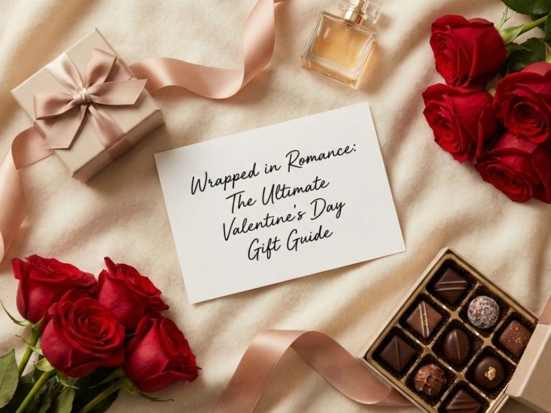 Valentine's Day gift guide featuring red roses, chocolates, a gift box, and a fragrance on a soft fabric background.