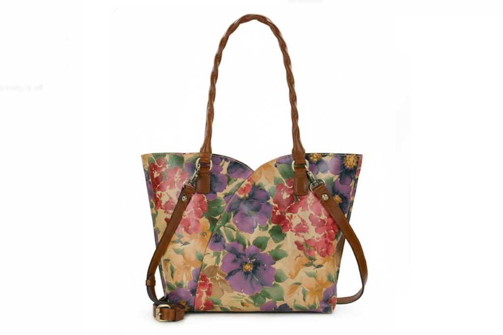 Floral handbag with braided handles, perfect for a stylish and romantic accessory this Valentine’s Day.