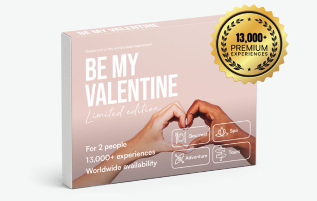 Valentine's gift box featuring the phrase "Be My Valentine" and icons representing various experiences for couples.