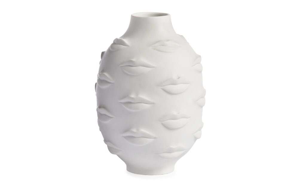 White round vase featuring raised lips and facial features, designed as a unique decorative piece for Valentine's Day.