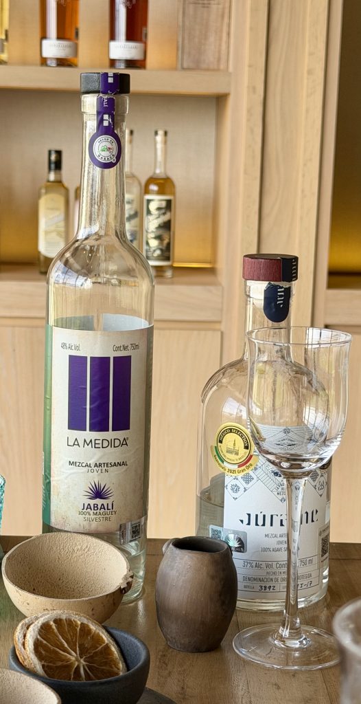 Bottles of mezcal and glasses are displayed on a wooden surface with dried citrus and clay vessels in a warm, inviting setting.