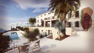 Luxury landscape design features a modern villa with a pool, surrounded by lush greenery and views of the mountains and sea.