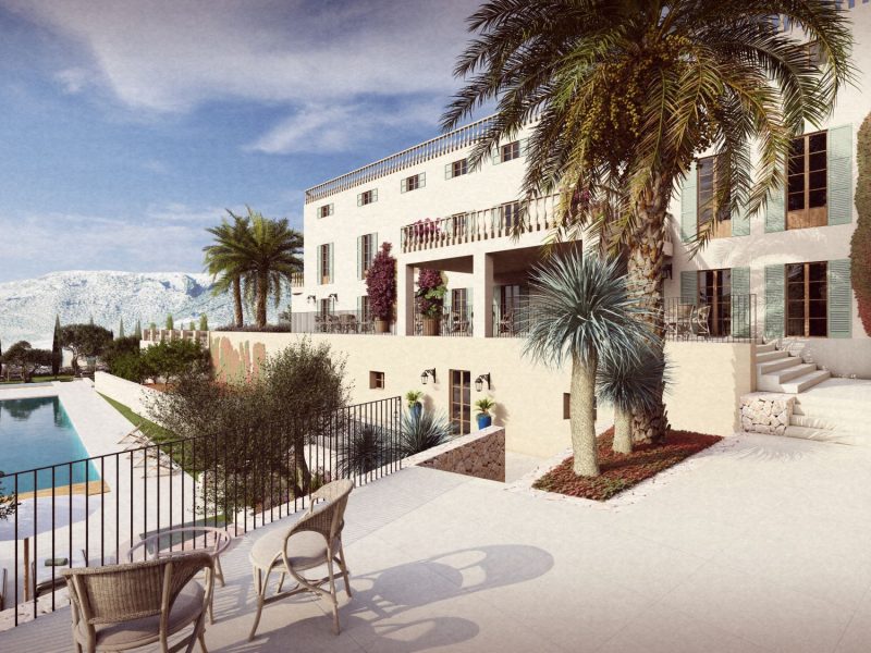 Luxury landscape design features a modern villa with a pool, surrounded by lush greenery and views of the mountains and sea.