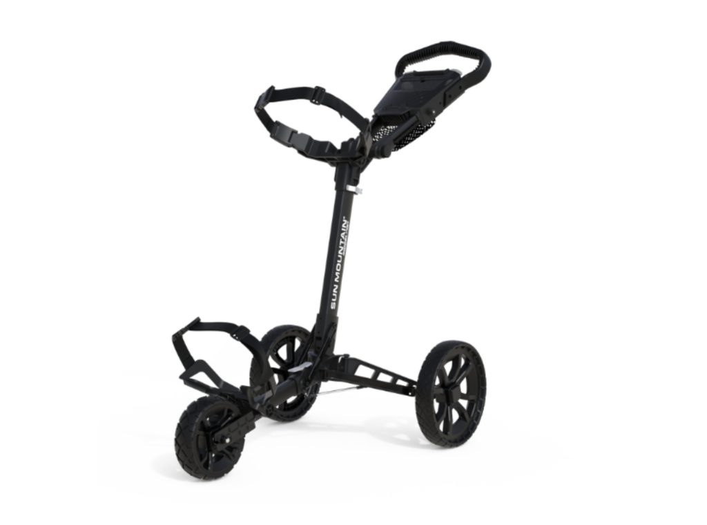 Sun Mountain golf push cart with a lightweight frame and four wheels, designed for easy maneuverability on the course.