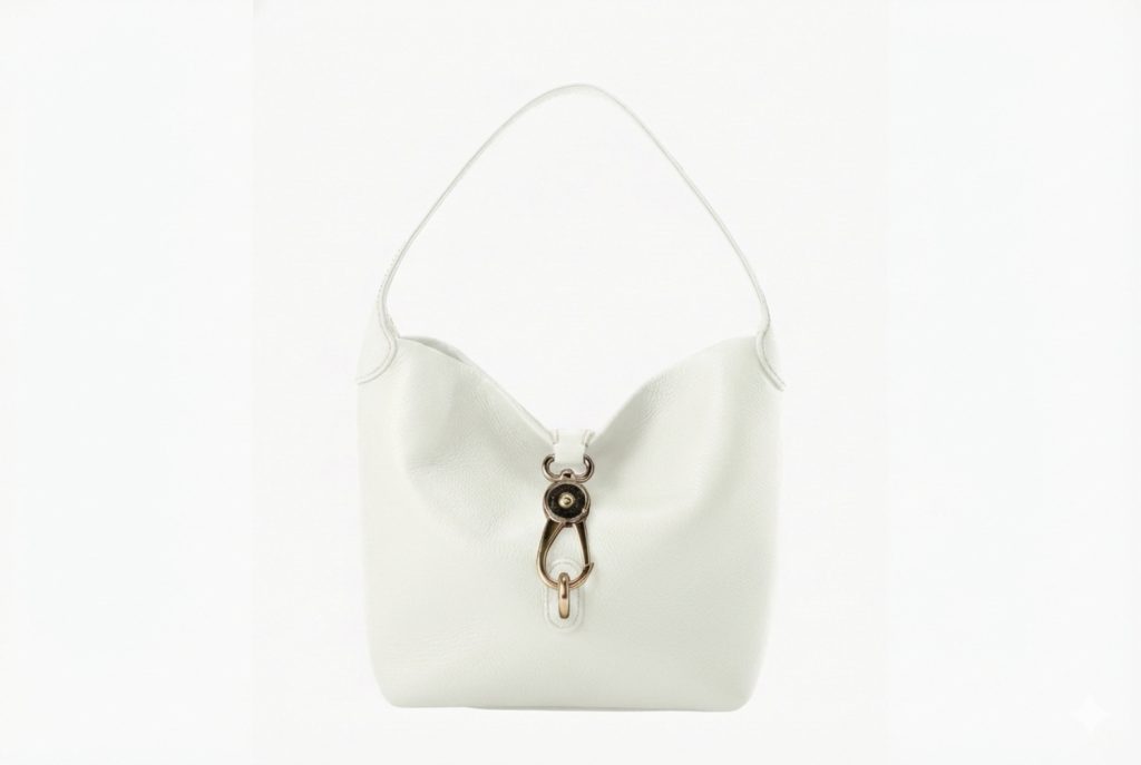 White leather handbag with a unique closure, ideal for a stylish Valentine’s Day gift.