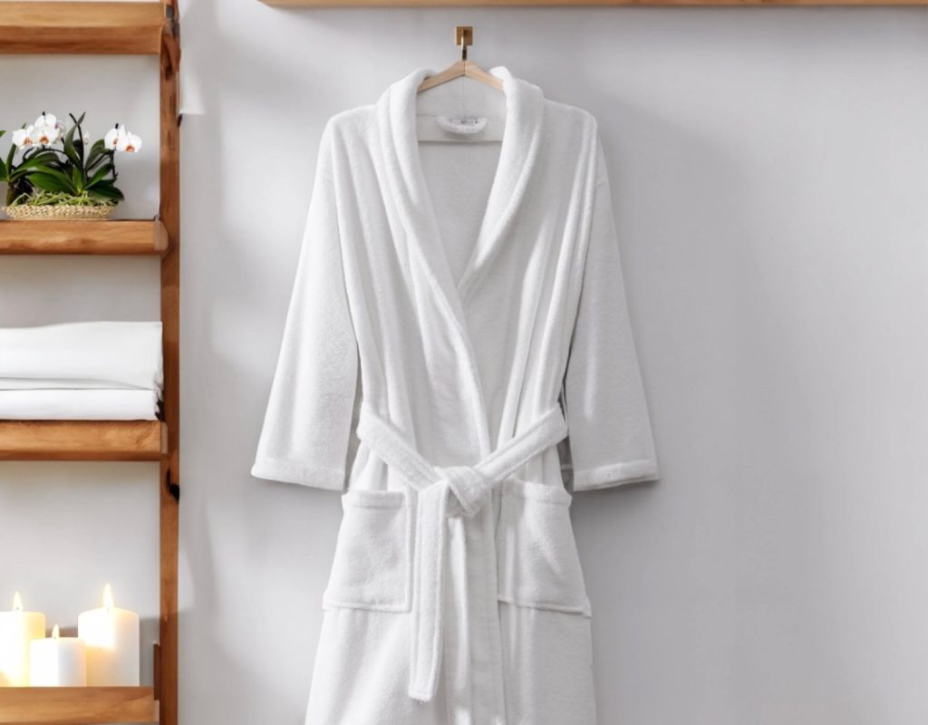 Fluffy white bathrobe hanging on a wooden hanger, with candles and folded towels in the background. Ideal for a cozy gift.
