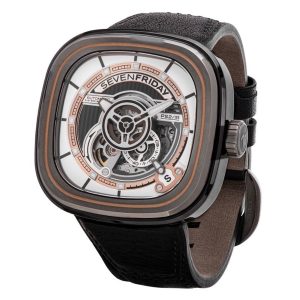 SEVENFRIDAY PS2/03 "BC" watch featuring a unique square design, intricate dial details, and a black leather strap.