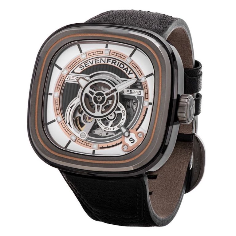 SEVENFRIDAY PS2/03 "BC" watch featuring a unique square design, intricate dial details, and a black leather strap.