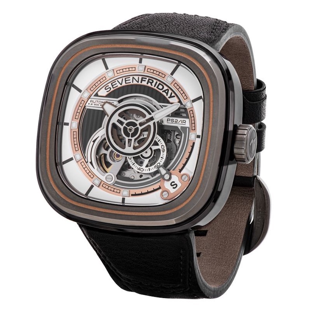SEVENFRIDAY PS2/03 "BC" watch featuring a unique square design, intricate dial details, and a black leather strap.