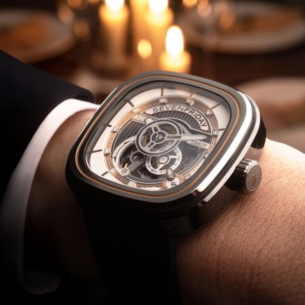 SEVENFRIDAY PS2/03 "BC" watch displayed on a wrist, showcasing its unique design with intricate details and elegant features.