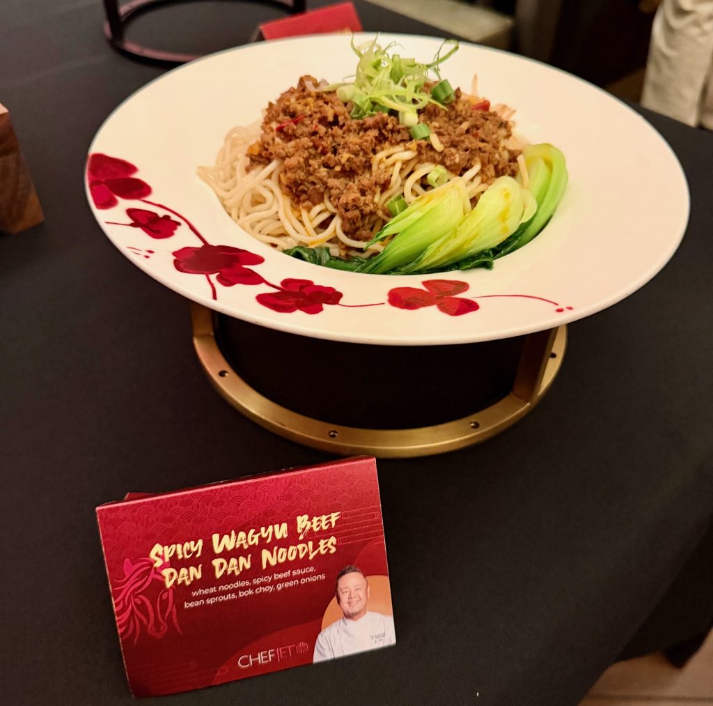Spicy Wagyu beef dan dan noodles with bok choy and green onions, served at Yaamava's Lunar New Year celebration.