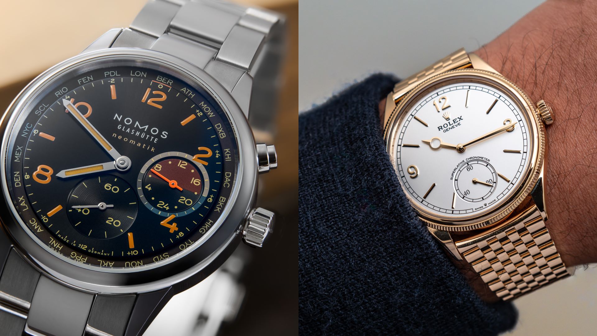 Close-up of a Nomos Glashütte watch and a Rolex watch showcasing luxury timepieces for men in 2025.