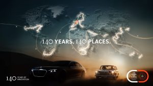 A stylized world map with light trails and the text "140 years. 140 places" alongside two Mercedes-Benz vehicles.