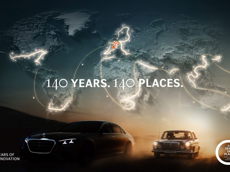 A stylized world map with light trails and the text "140 years. 140 places" alongside two Mercedes-Benz vehicles.