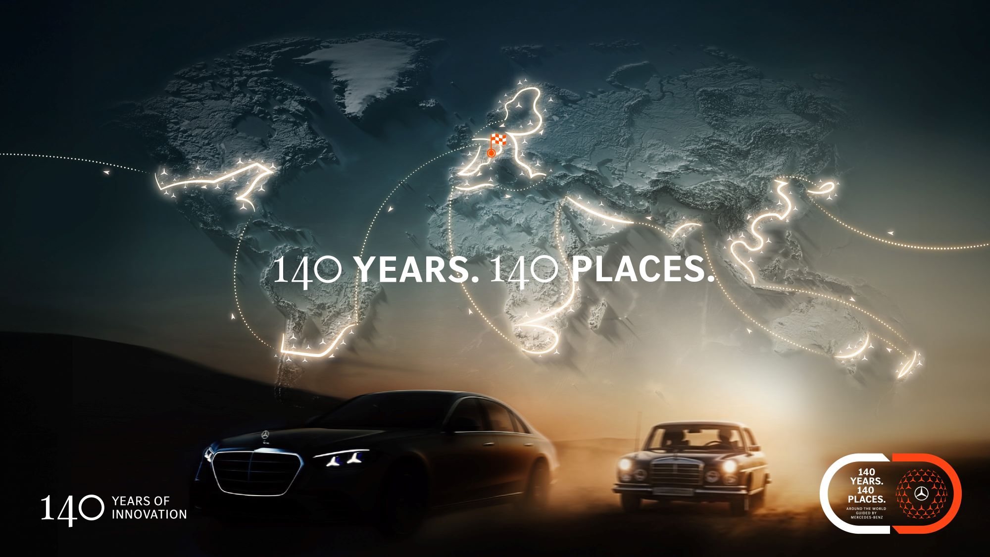 A stylized world map with light trails and the text "140 years. 140 places" alongside two Mercedes-Benz vehicles.