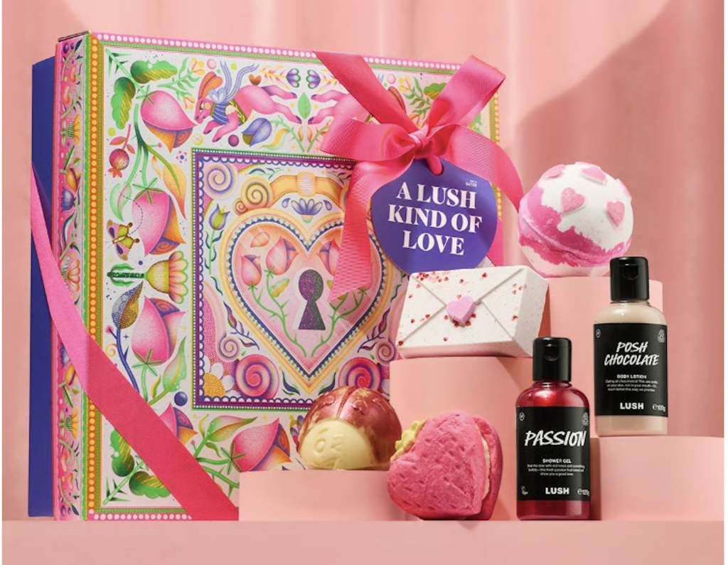 Valentine's Day gift set featuring a colorful box, bath bombs, and various Lush products for a romantic celebration.