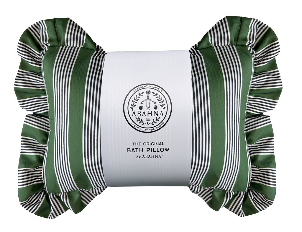 Striped green bath pillow with ruffled edges, branded as the original bath pillow by Abahna, ideal for a luxurious soak.